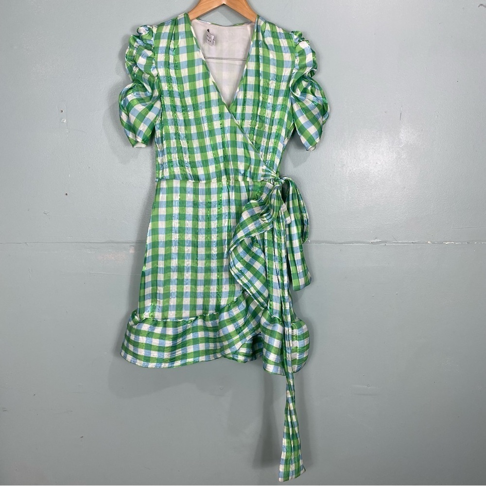 Tanya Taylor Natasha Gingham Wrap Dress Ruffle Mini Sz 0 Green Blue White